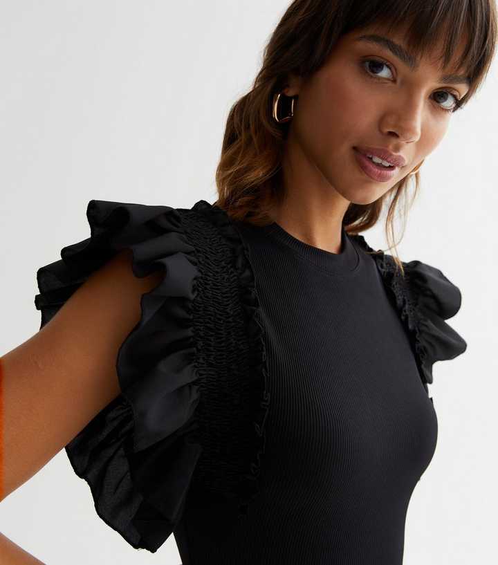 Black Jersey Poplin Frill Sleeve Bodysuit