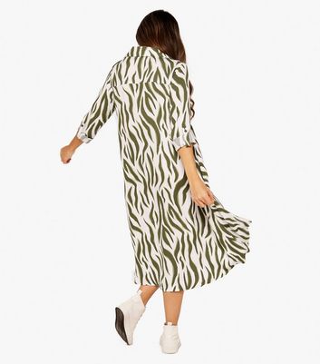 Apricot Olive Zebra Print Dip Hem Midi Shirt Dress New Look