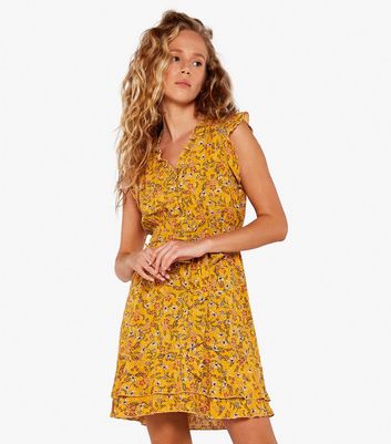 Apricot Yellow Floral Ruffle Belted Mini Dress New Look