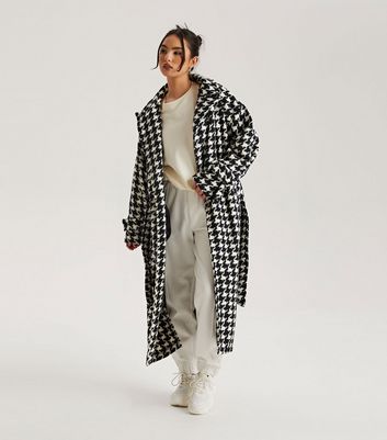 Urban Bliss Black Dogtooth Belted Long Coat New Look