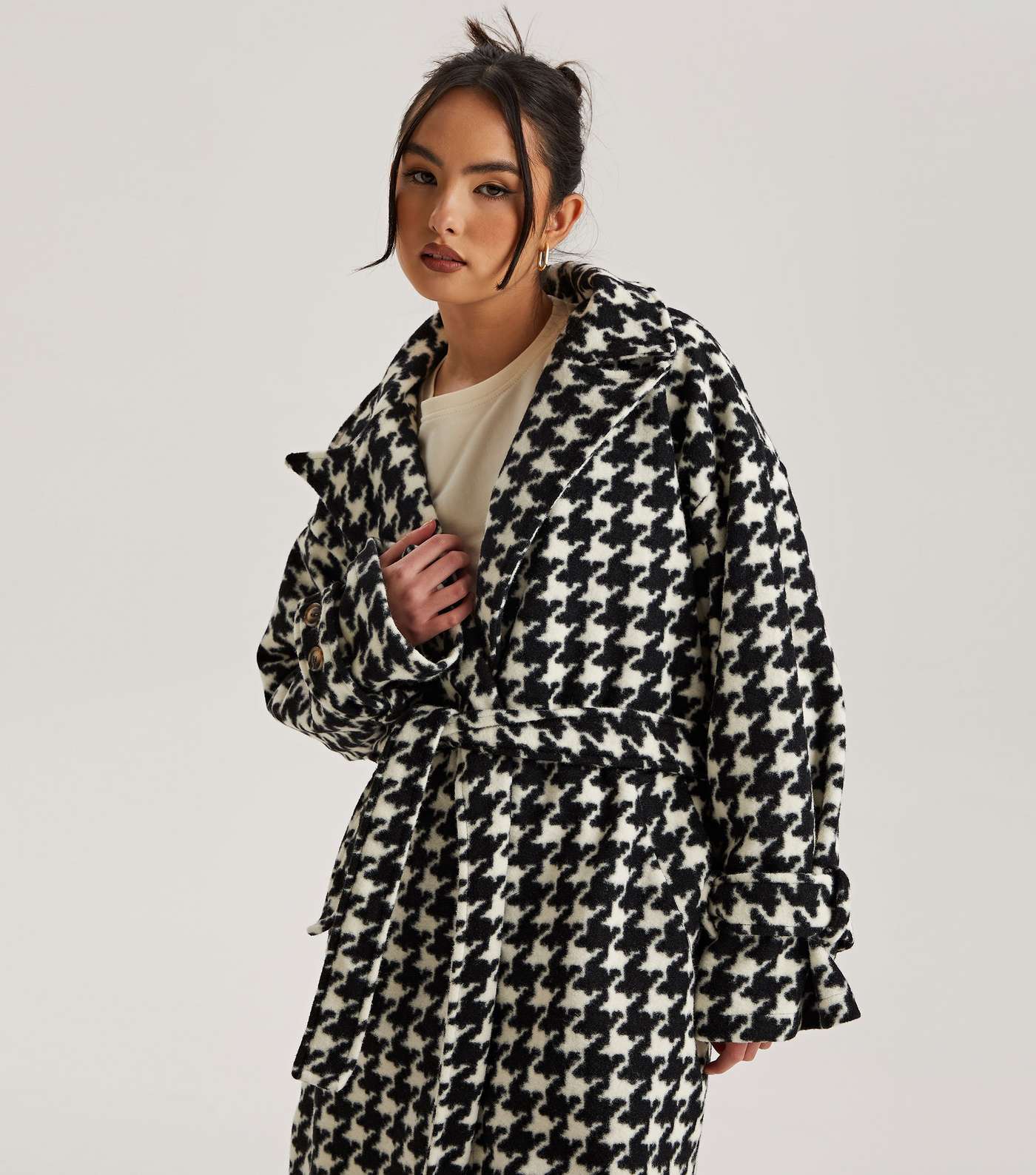 Urban Bliss Black Dogtooth Belted Long Coat Image 3