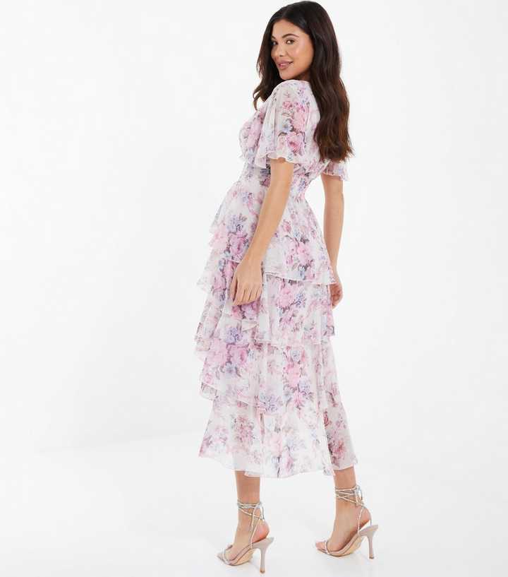 QUIZ Pink Floral Chiffon Tiered Dip Hem Midi Dress | New Look