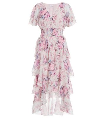 Quiz pink floral wrap dip cheap hem dress