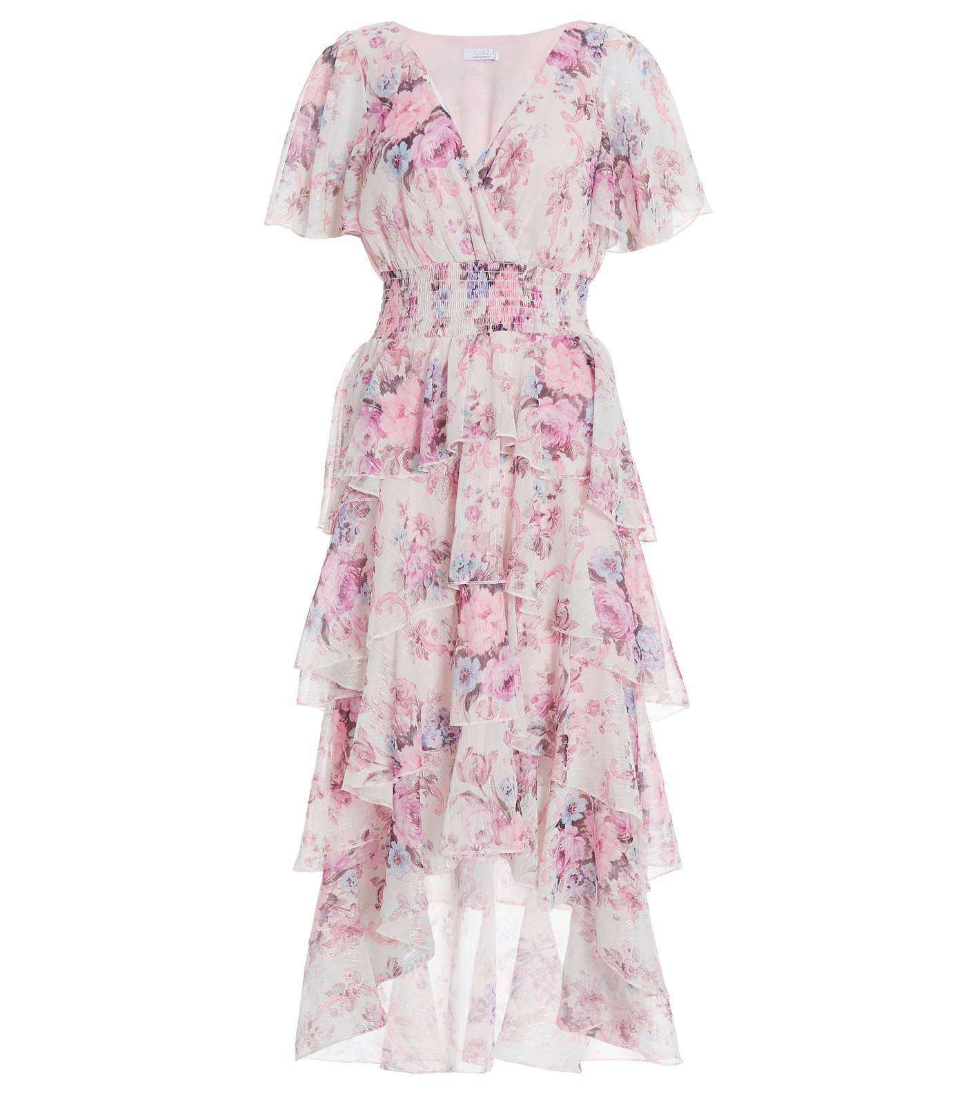 QUIZ Pink Floral Chiffon Tiered Dip Hem Midi Dress Image 4