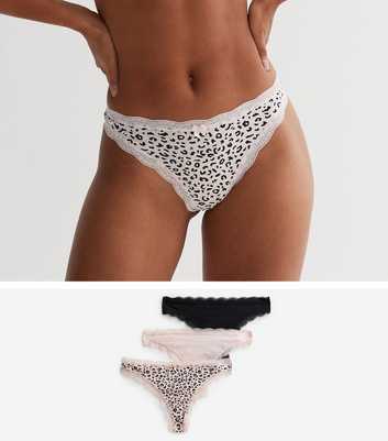 3 Pack Black Pink and Leopard Print Lace Trim Thongs