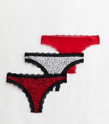 3 Pack Red and White Animal Print Lace Trim Thongs New Look