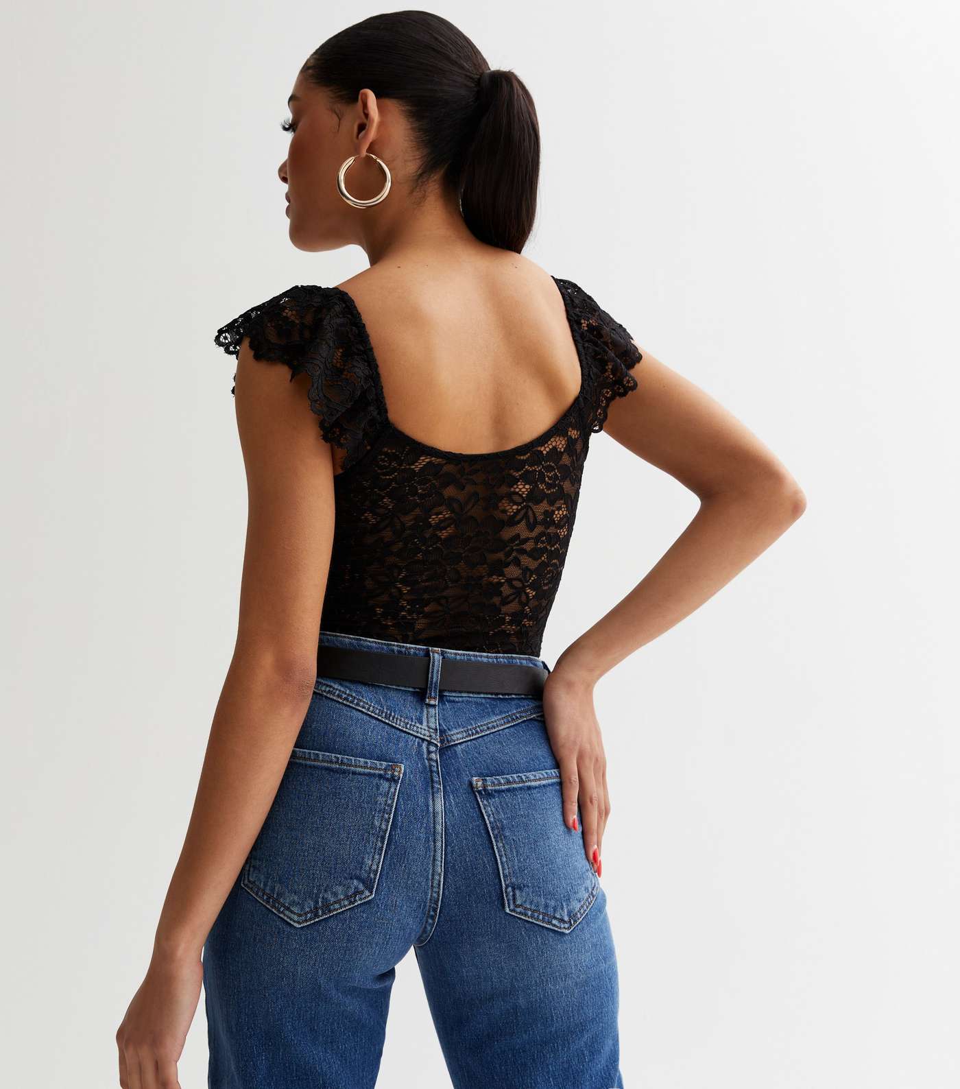 Black Lace Frill Sleeve Bustier Bodysuit Image 4
