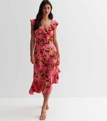 Pink Floral Asymmetric Ruffle Midi Dress