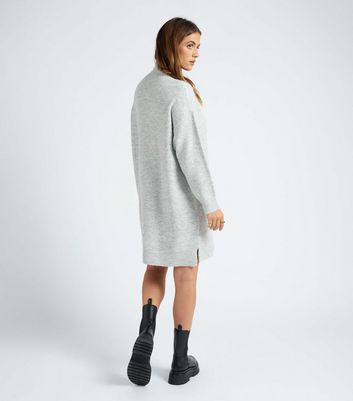 Urban Bliss Pale Grey Knit Zip Neck Oversized Mini Dress New Look