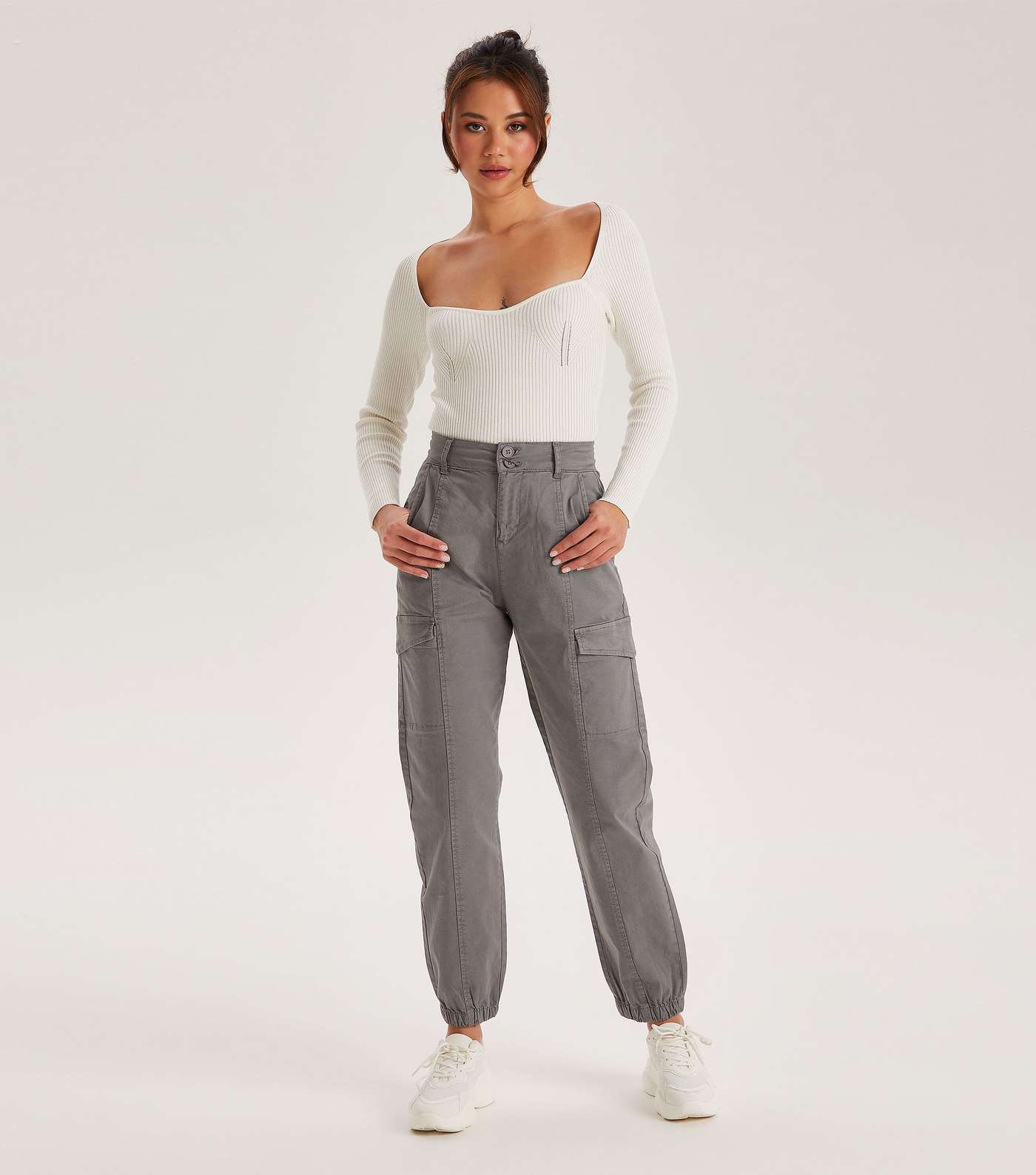 Urban Bliss Pale Grey Cuffed Cargo Trousers Image 2