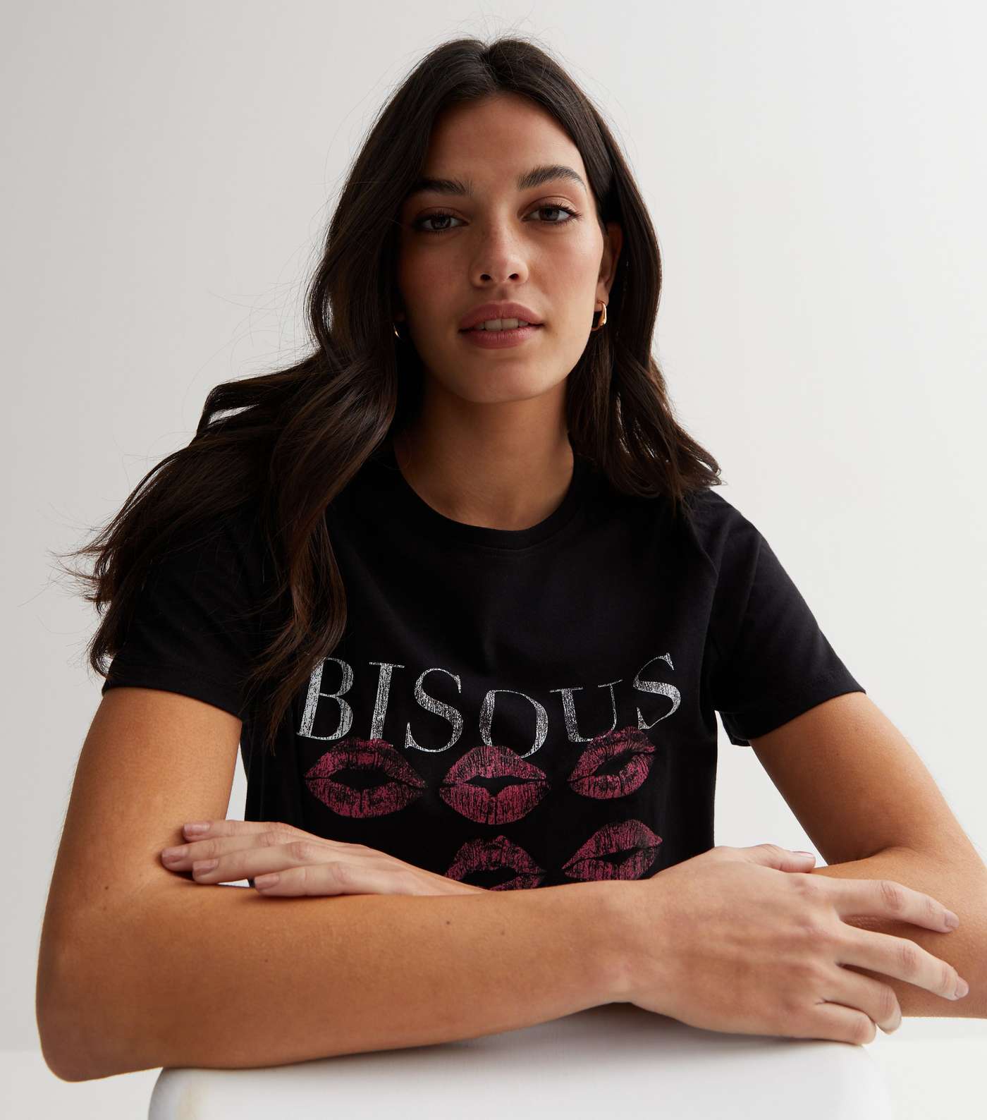Black Bisous Lips Logo Crew Neck T-Shirt Image 2