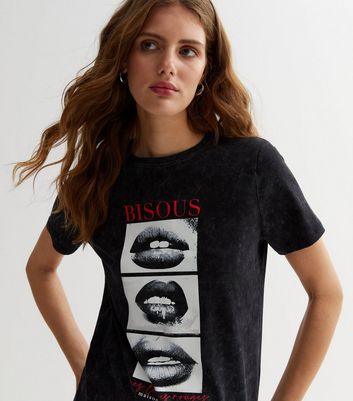 Dark Grey Acid Wash Bisous Lips Logo T Shirt New Look