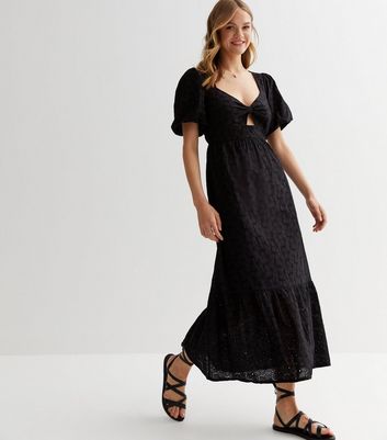 Black Embroidered Puff Sleeve Midaxi Dress New Look
