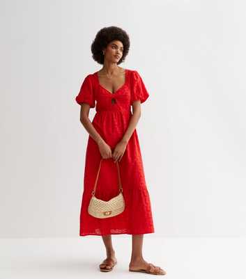 Red Embroidered Puff Sleeve Midi Dress