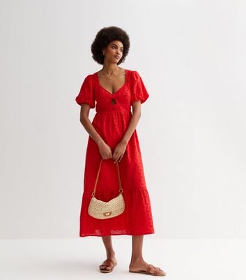 Red Embroidered Puff Sleeve Midi Dress | New Look