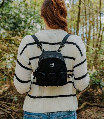 Artsac Black 3 Zip Pocket Logo Small Backpack | New Look