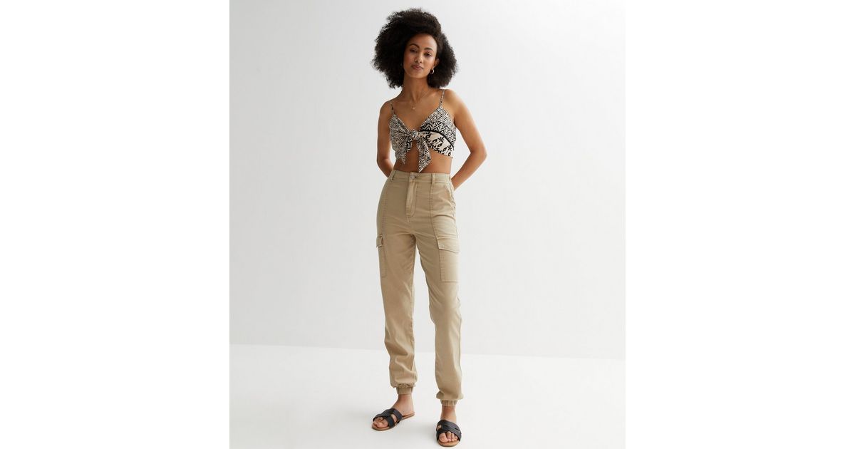 Stone Cotton Cuffed Cargo Trousers