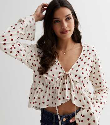 Influence White Strawberry Frill Hem Tie Front Blouse