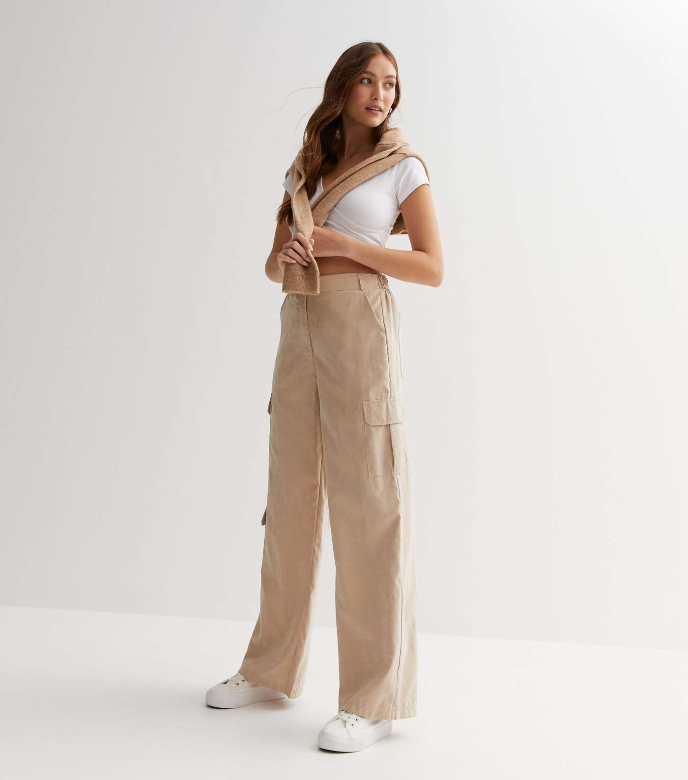 Stone Wide Leg Cargo Trousers Image 2