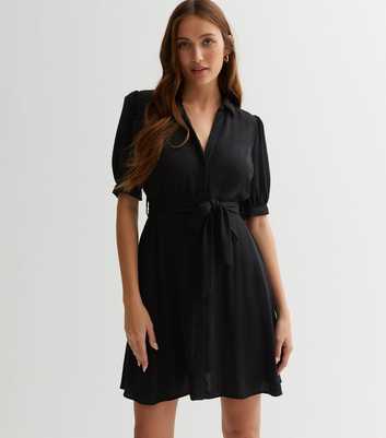 Black Puff Sleeve Belted Mini Shirt Dress