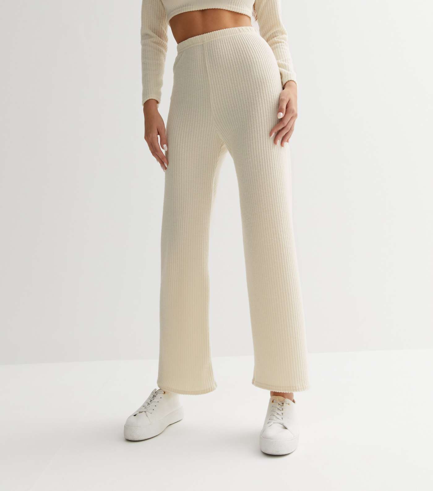 Pink Vanilla Off White Brushed Ribbed Flared Trousers Image 2