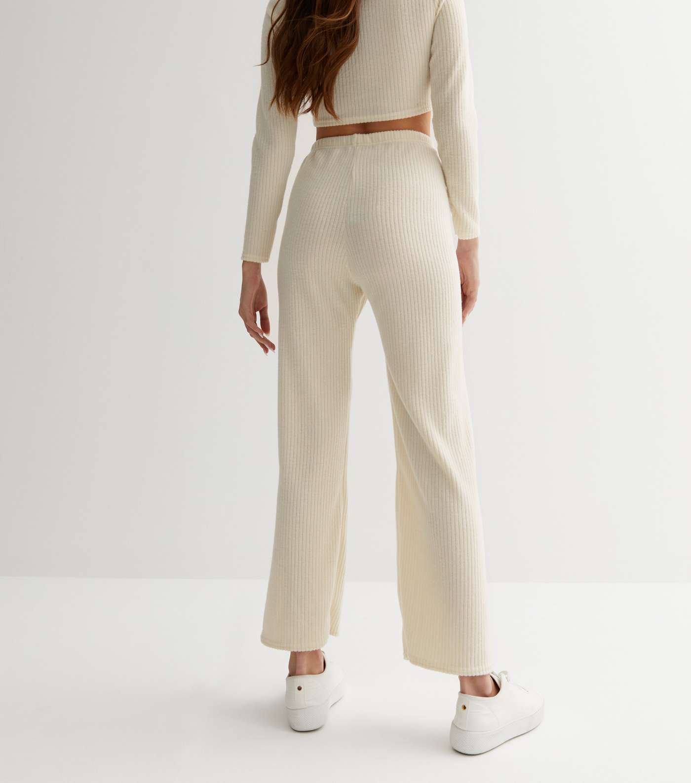 Pink Vanilla Off White Brushed Ribbed Flared Trousers Image 4