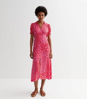 Red Leopard Print Collared Midi Dress New Look