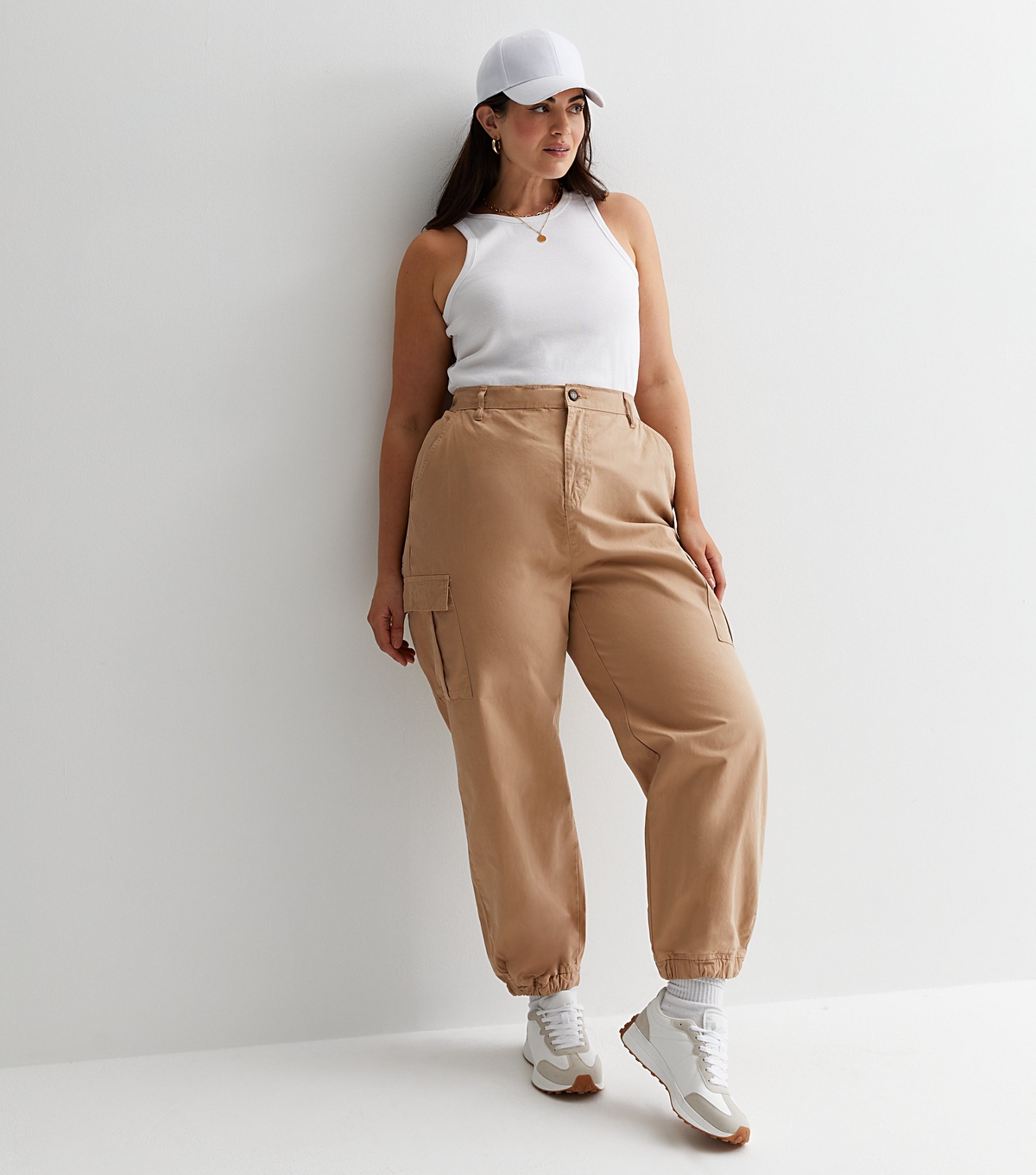 Women's Plus Size Stone Cotton Cuffed Cargo Joggers Curves New Look
