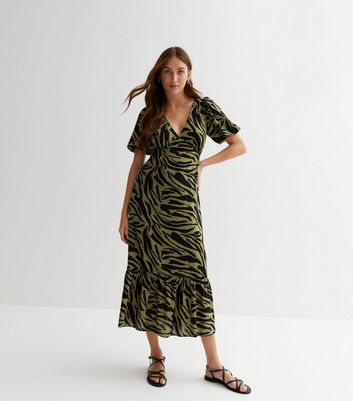 Green Zebra Print Puff Sleeve Midi Dress New Look