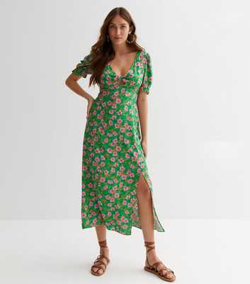 Green Floral Twist Front Midi Dress
