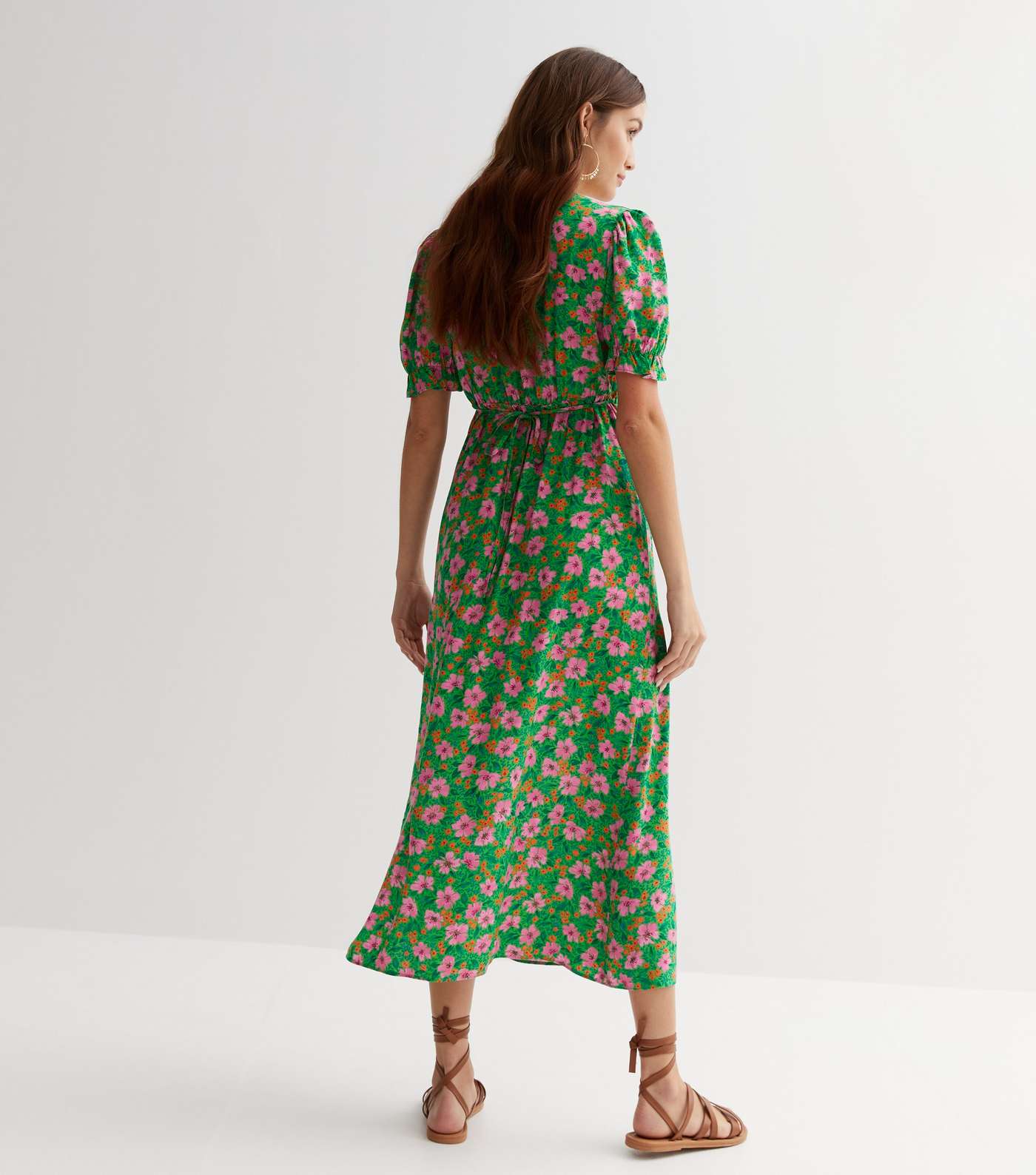 Green Floral Twist Front Midi Dress Image 4