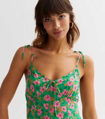 Green Floral Print Strappy Midi Dress New Look