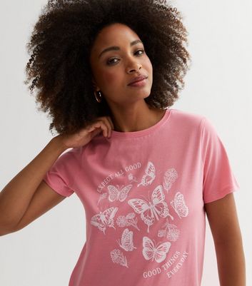 Pale Pink Expect Good Things Butterfly Logo T-Shirt New Look