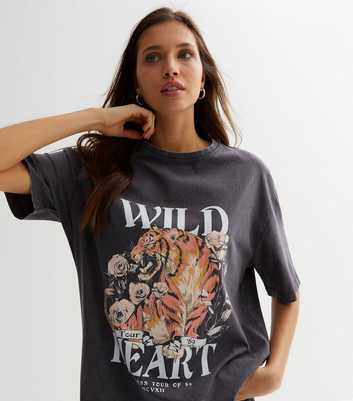 Dark Grey Tiger Wild Heart Acid Wash Logo Oversized T-Shirt