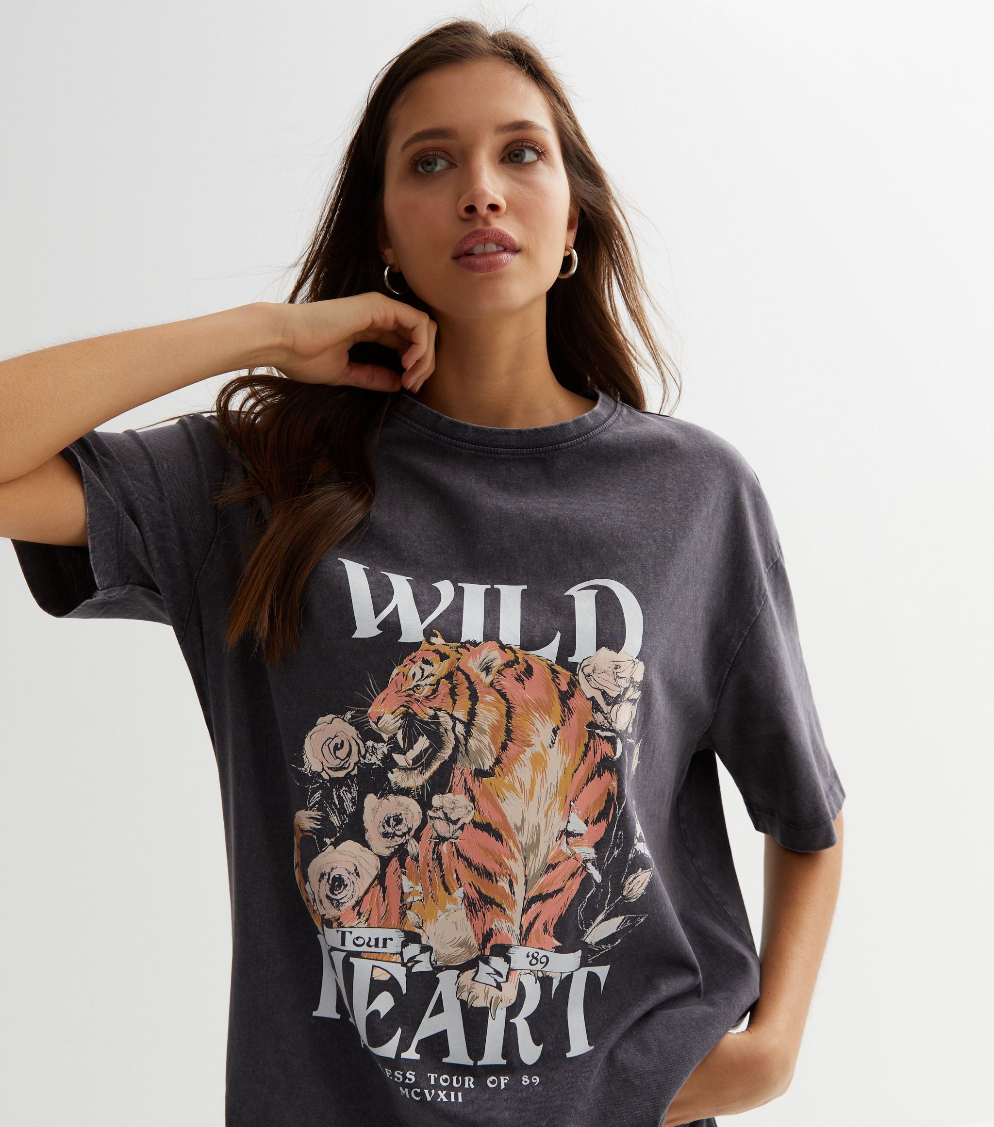 Dark Grey Tiger Wild Heart Acid Wash Logo Oversized T-Shirt, New Look