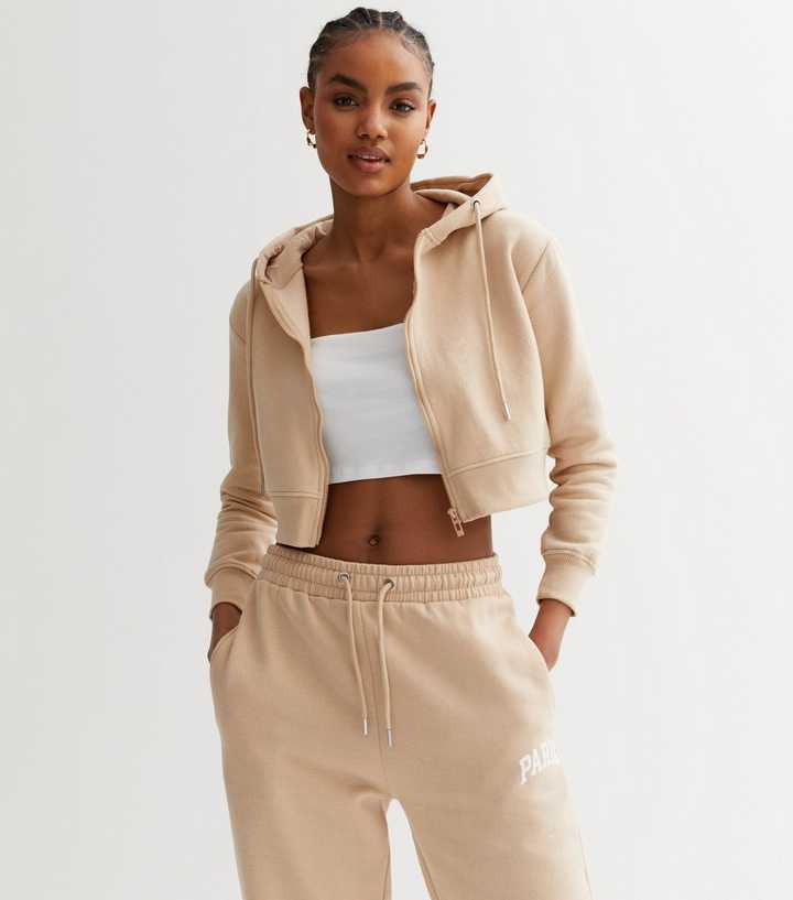 Pink Vanilla Stone Jersey Zip Front Crop Hoodie | New Look