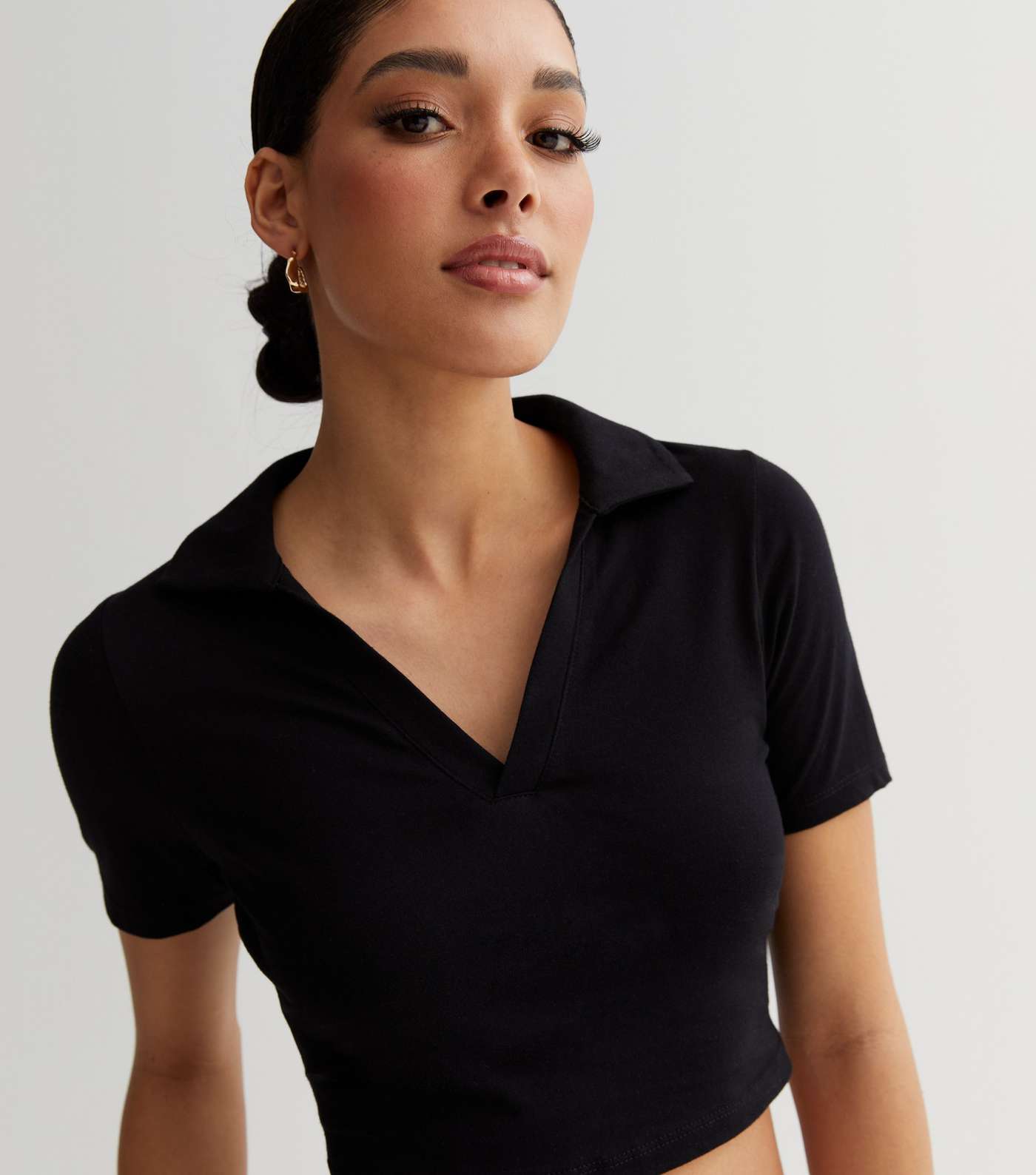 Black Jersey Polo Collar Crop Top | New Look