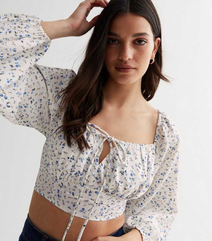Pink Vanilla White Ditsy Floral Square Neck Crop Top