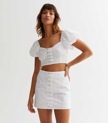 Pink Vanilla Off White Broderie Lace Up Mini Skirt