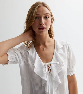 White Ruffle Tie Front Top New Look