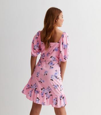 Girls Pink Rose Puff Sleeve Dress | New Look