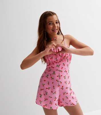 Girls Pink Strawberry Pattern Strappy Playsuit