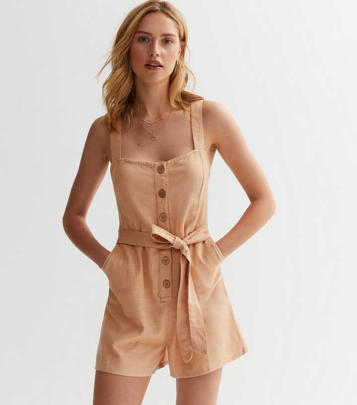 Light Brown Cotton Square Neck V Neck Strappy Playsuit