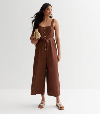 Dark Brown Cotton Button Front Jumpsuit