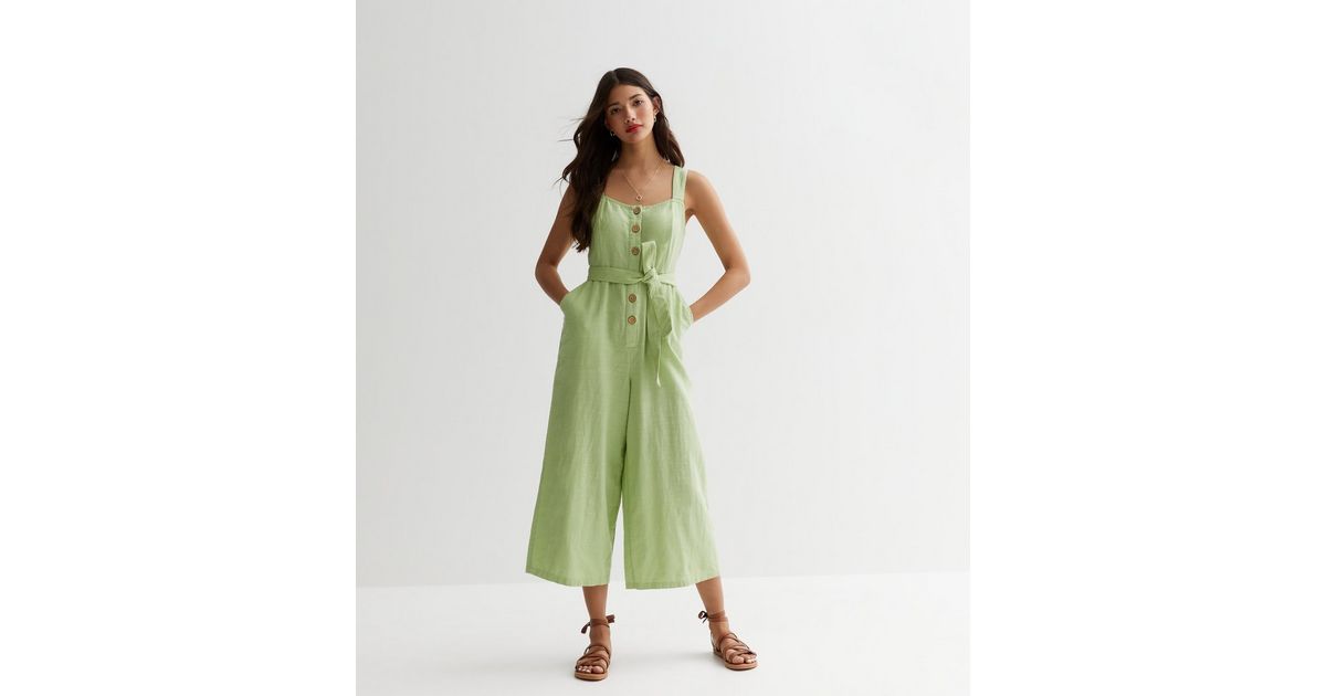 Light Green Cotton Button Front Jumpsuit New Look