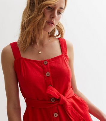 Red Cotton Button Front Jumpsuit New Look