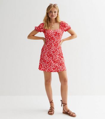 Red Floral Puff Sleeve Mini Dress New Look