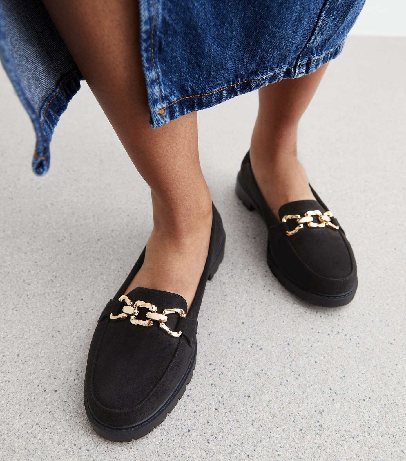 Wide Fit Black Suedette Gold Chain Chunky Loafers Image 2