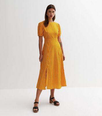 Cutie London Mustard Polka Dot Split Midi Dress