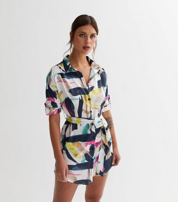 Cutie London White Abstract Belted Mini Shirt Dress